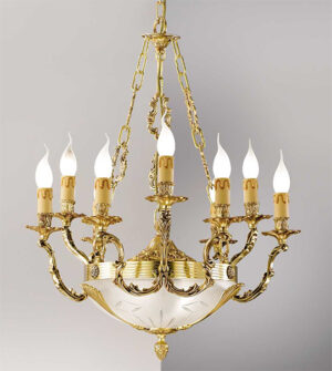 Pendant chandelier in brass with engraved satin glass Art. 231 9+2