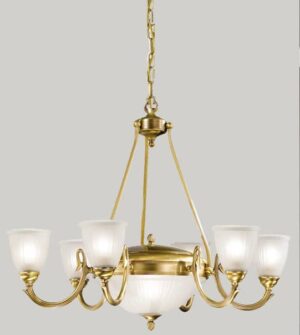 Brass pendant chandelier with blown glass lampshades Art. 535/6+2