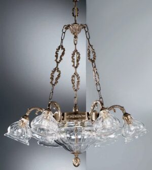 Brass pendant chandelier with blown glass lampshades Art. 572/6+3 TR