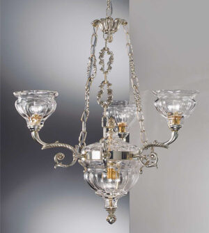 Brass pendant chandelier with blown glass lampshades Art. 573/3+2