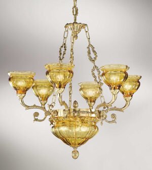 Brass pendant chandelier with blown glass lampshades Art. 573/6+3 AM