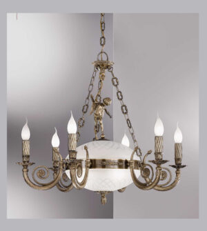 Brass pendant chandelier with engraved frosted glass Art. 710/ 6+3