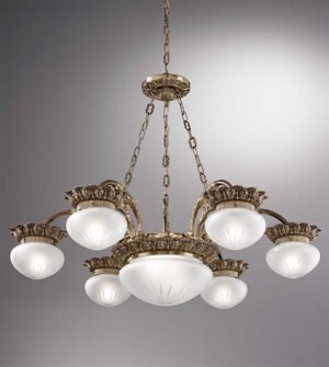 Brass pendant chandelier with engraved satin-finish glass Art. 730/6+2