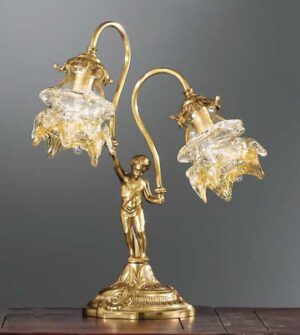 Brass table lamp with two lights and amber glass lampshades Art. 2080/ 2L