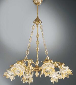 Brass pendant chandelier with flower-shaped glass lampshades Art. 2080/6