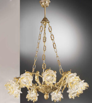 Brass pendant chandelier with flower shaped lampshades made of glass Art. 2080/9