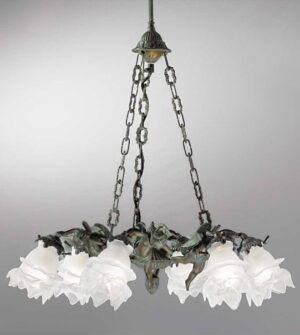 Brass hanging chandelier with satin-finish glass details Art. 2080/6